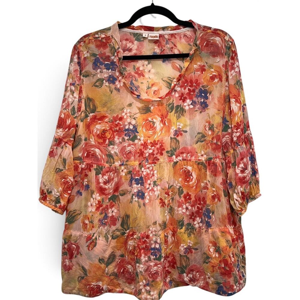 Tianello Floral Sheet Tunic Blouse Watercolor Pink Women's Large Romantic